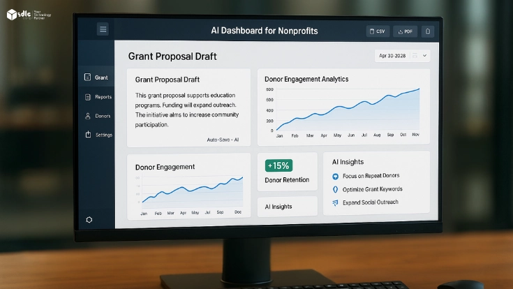 Vector illustration of a widescreen laptop showing a Generative AI dashboard for nonprofits with icons for donor engagement, fundraising growth, and task automation, symbolizing the role of artificial intelligence in nonprofit organizations