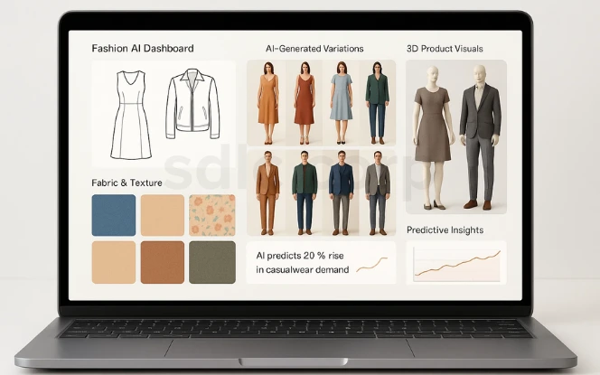 AI fashion dashboard on laptop showing fabrics, outfit variations, 3D product visuals, and predictive insights.