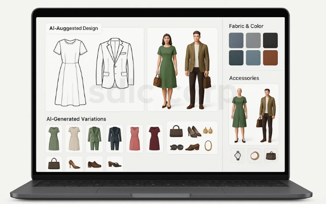 AI fashion design dashboard on laptop showing suggested outfits, fabric options, color palettes, accessories, and style variations.