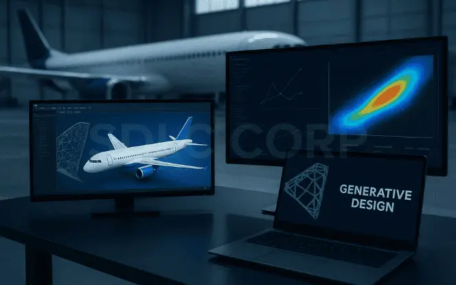 Generative AI in aerospace improving aircraft design with generative structures, aerodynamic simulations, and performance analysis.