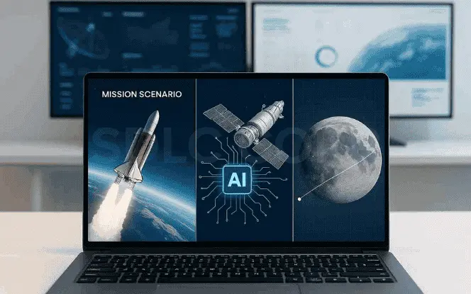 Generative AI in aerospace supporting space mission planning with spacecraft simulations, AI-driven trajectory analysis, and lunar mission design.