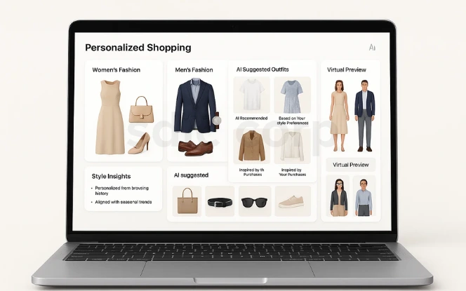 AI-powered personalized shopping dashboard on laptop screen showing men’s and women’s fashion, outfit suggestions, and virtual try-ons.