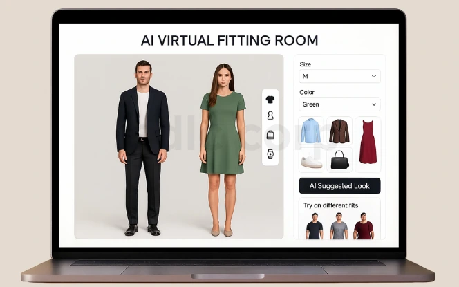 Laptop showing AI Virtual Fitting Room with male and female models, outfit options, and AI-suggested looks.