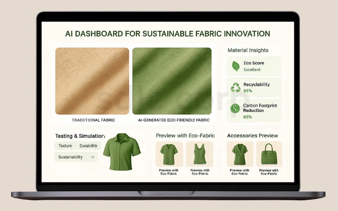 Laptop screen displaying AI Dashboard for Sustainable Fabric Innovation with eco-friendly fabric comparison, material insights, testing, and previews.