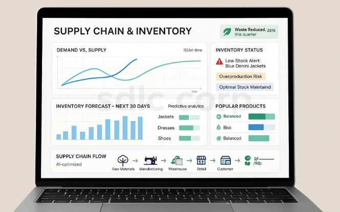 Laptop screen showing AI-powered supply chain and inventory dashboard with demand vs supply graphs, inventory forecast, product popularity, and stock alerts.