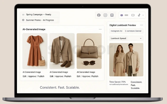 Laptop screen showing AI-generated fashion lookbook with outfits, accessories, and digital campaign preview for e-commerce.