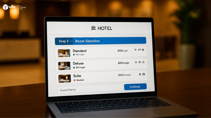 AI-powered self-check-in kiosk in a modern hotel lobby with a digital dashboard displaying room selection and booking options