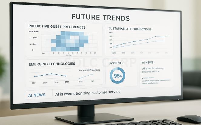 Future Trends in Generative AI for Hospitality Futuristic dashboard visualizing future trends in generative AI for hospitality, including predictive guest preferences, sustainability projections, and emerging technology adoption