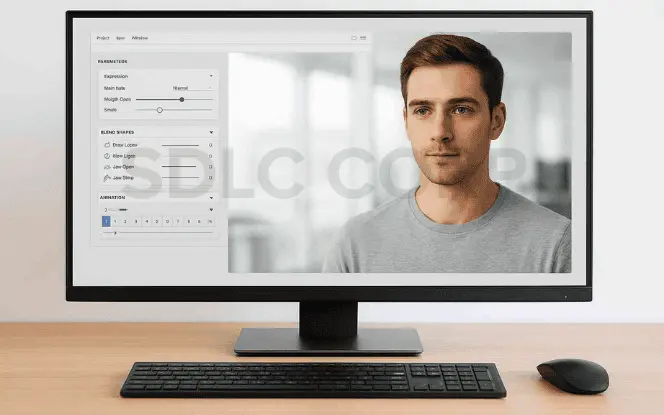 Generative AI for gaming used in character creation and animation with lifelike facial traits and expressions on a desktop dashboard.