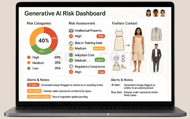 Laptop screen displaying Generative AI Risk Dashboard with charts on IP, bias, cost, compliance risks, and fashion design context.