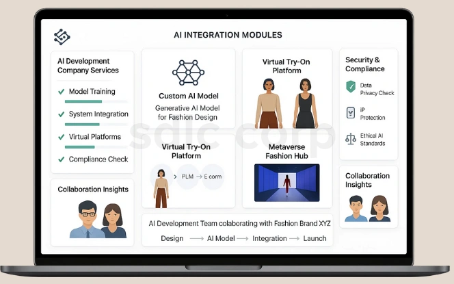 Laptop screen displaying AI Integration Modules dashboard with services like model training, virtual try-ons, metaverse fashion hub, and compliance checks