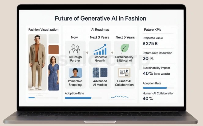 Laptop screen showing Future of Generative AI in Fashion dashboard with AI roadmap, fashion visualization, and projected KPIs.