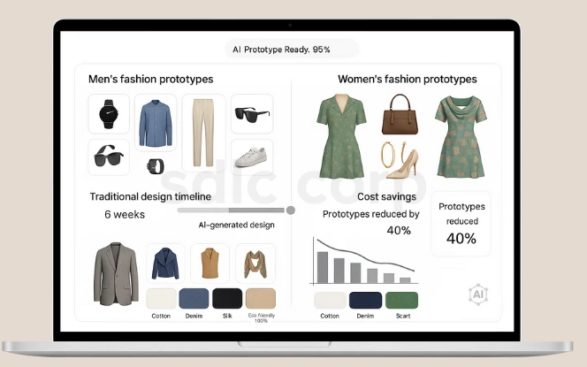 Laptop screen displaying AI fashion prototypes for men and women, showing clothing, accessories, cost savings, and reduced prototype timelines.