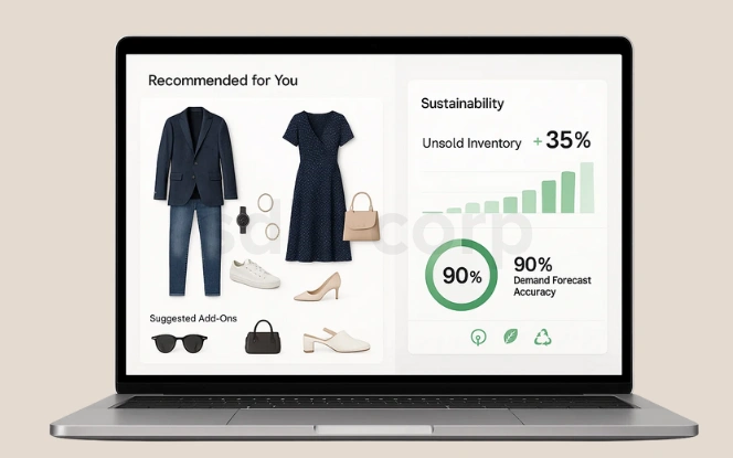 Laptop screen showing AI fashion recommendations with outfits and accessories, alongside sustainability insights on unsold inventory and demand forecasting.
