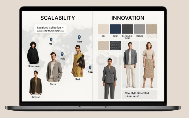Laptop screen showing AI fashion dashboard with global scalability in localized styles and innovation in fabrics and designs