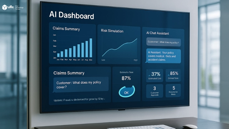 Generative AI insurance dashboard screenshot showing claims summary, risk simulation, AI assistant chat, fraud detection graph, and KPI metrics in a modern corporate UI.