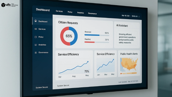 reviewing a large wall-mounted TV screen displaying a detailed AI dashboard with citizen requests, policy updates, service efficiency graphs, and public health alerts.