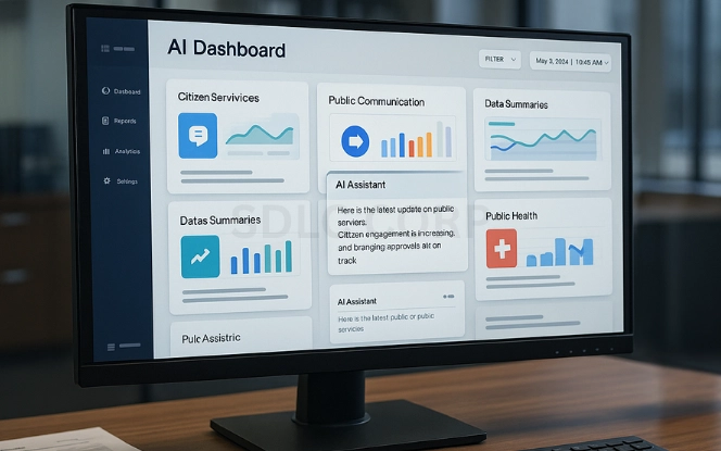 AI dashboard on a widescreen monitor in a government office showing panels for citizen services, public communication, data summaries, permits and licensing, and public health.