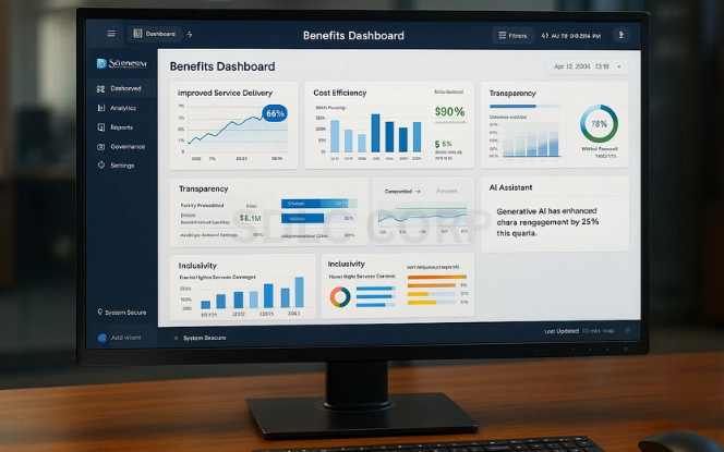 AI dashboard on a widescreen monitor labeled Benefits Dashboard with panels for improved service delivery, cost efficiency, transparency, smarter policies, and inclusivity in a government office.