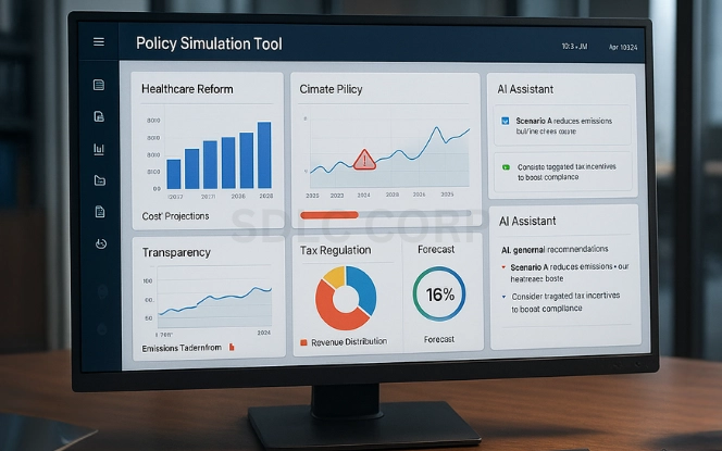 AI dashboard on a widescreen monitor in a government office showing policy simulation panels for healthcare reform, climate policy, and tax regulation with an assistant panel displaying recommendations.