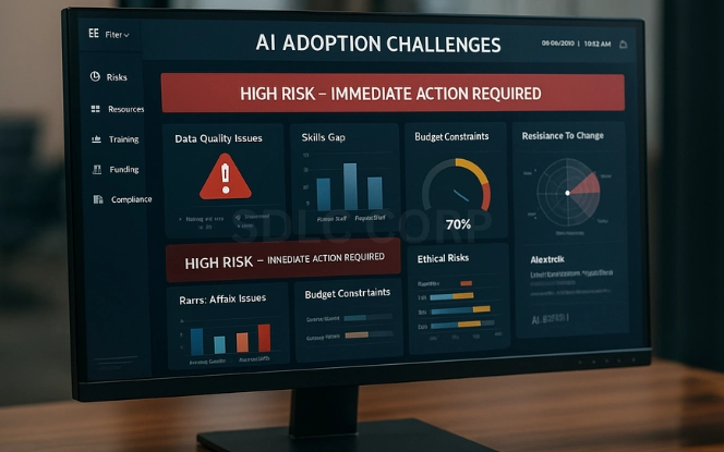 AI dashboard on a widescreen monitor in a government office showing warning panels for data quality issues, skills gap, budget constraints, resistance to change, and ethical risks with a central high-risk alert.
