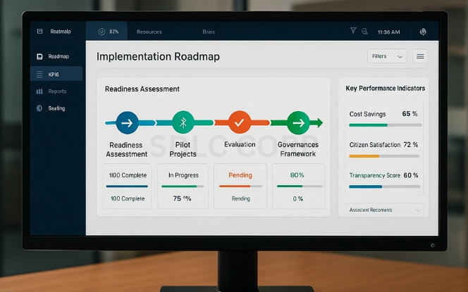 AI dashboard on a widescreen monitor in a government office displaying a horizontal roadmap with stages for readiness assessment, pilot projects, evaluation, governance framework, and scaling, along with KPI metrics.