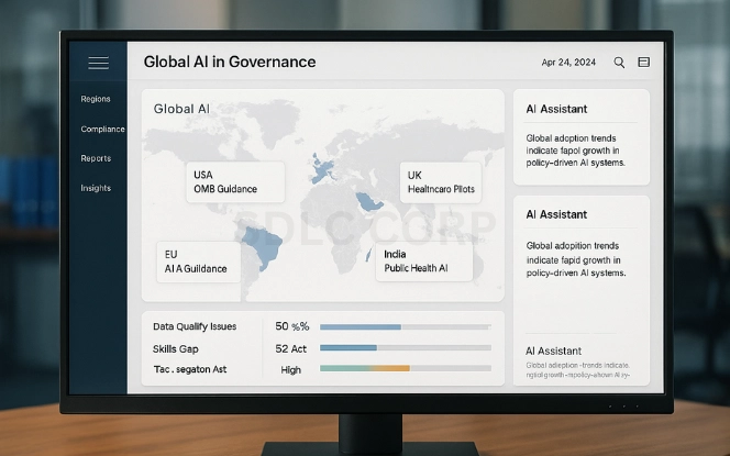 AI dashboard on a widescreen monitor in a government office showing a world map with highlighted regions including USA, European Union, UK, and India, each with policy adoption details and a legend for adoption levels.