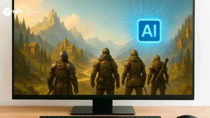 Generative AI for gaming banner showing futuristic game environments, adaptive quests, and intelligent NPCs on a widescreen monitor.