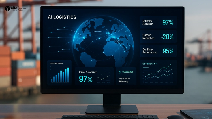 Futuristic AI logistics dashboard projected at a shipping port with a 3D globe, shipping routes, and KPI panels for delivery accuracy, carbon reduction, and on-time performance. The port background with cranes and containers is blurred, keeping the glowing dashboard as the main focus