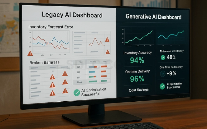 Dashboard comparison showing legacy AI failures with cluttered charts and errors versus generative AI success with clear predictive graphs and KPIs in a supply chain context