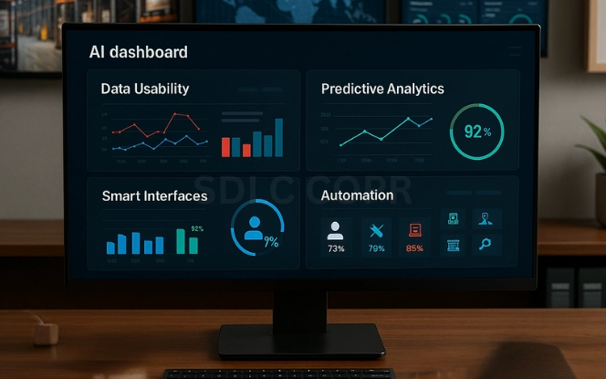 Professional AI dashboard showing predictive analytics, automation workflows, and logistics KPIs that highlight the benefits of generative AI in supply chain optimization
