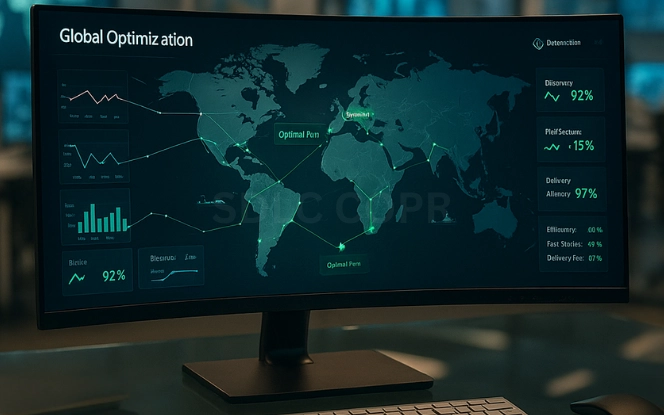 Curved widescreen monitor on a logistics desk displaying global shipping routes, cost analysis, and efficiency KPIs symbolizing AI-powered supply chain optimization
