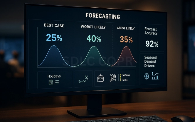 Widescreen monitor on an executive desk displaying probability curves for best case, worst case, and most likely demand forecasts with KPIs and seasonal drivers