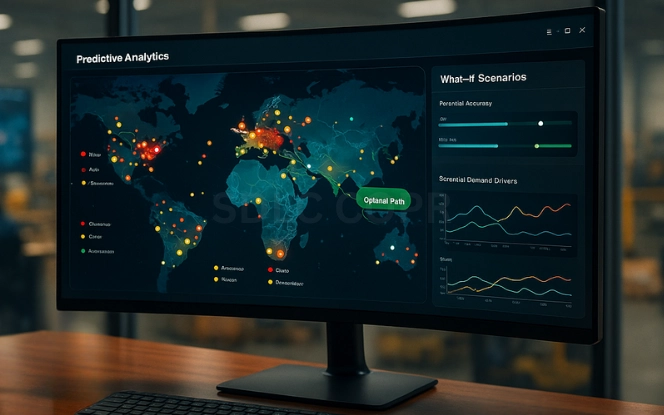 Executive desk with a widescreen monitor showing a heatmap of global supply chain risks, dynamic what-if scenario sliders, and real-time KPI graphs