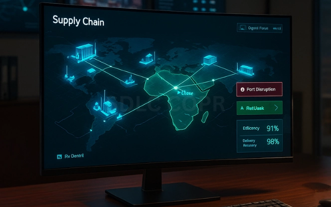 Futuristic office desk with a widescreen monitor displaying a 3D digital twin of supply chain operations including factories, trucks, ships, and warehouses connected by glowing data lines