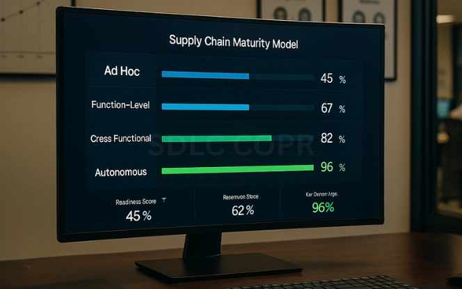 Office monitor displaying a vertical maturity model dashboard with progress bars and KPI scores across four levels: Ad Hoc, Function-Level, Cross-Functional, and Autonomous