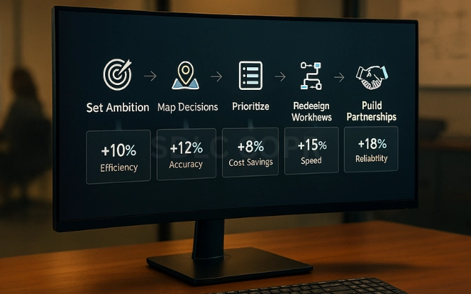 Professional office monitor displaying a horizontal flowchart dashboard with five steps—Set Ambition, Map Decisions, Prioritize, Redesign Workflows, Build Partnerships—each with icons and KPI gains