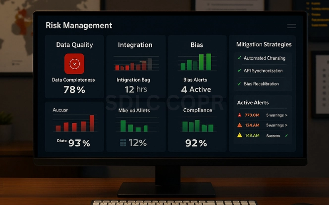 Executive desk with a widescreen monitor displaying a risk management dashboard showing categories like Data Quality, Integration, Bias, and Compliance with red, yellow, and green indicators, alongside mitigation strategies and alerts