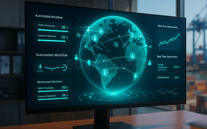 Futuristic logistics office with a widescreen monitor displaying a 3D globe of shipping routes, AI agents orchestrating operations, and sustainability KPIs, with a panoramic port view in the background