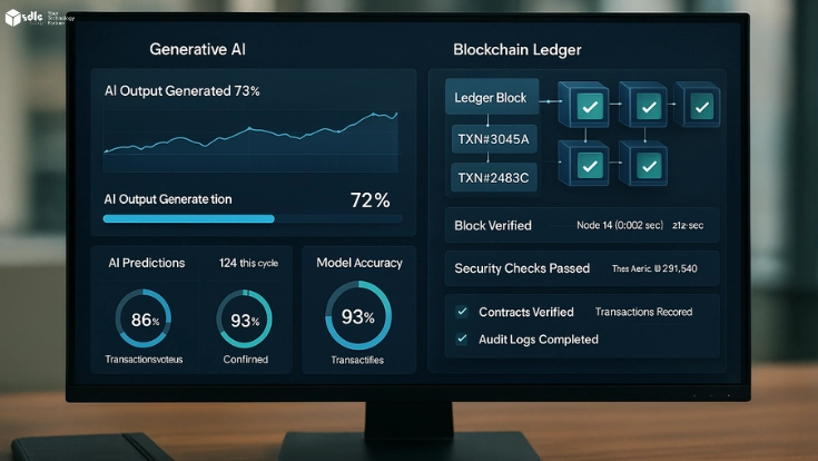 Ultra-realistic image of a corporate desk with a front-facing monitor displaying a Generative AI and Blockchain dashboard. The screen shows AI graphs, a task progress bar, ledger blocks linked with green verification checkmarks, circular progress indicators, and checklists. Reflections and soft office lighting create a professional corporate environment.