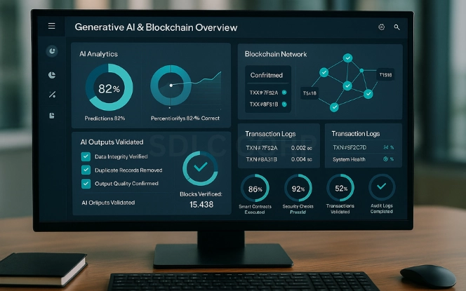 Understanding Generative AI and Blockchain Monitor showing Generative AI and Blockchain dashboard with graphs, pie chart, checklist, and verified blockchain nodes.