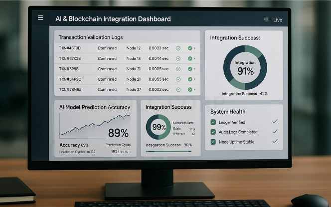 The Technical Side of Generative AI Blockchain Integration Monitor showing integration dashboard with validation logs, AI prediction graph, and 'Integration Success 91%' pie chart.