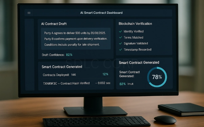Smart Contracts and Generative AI Monitor displaying smart contract dashboard with AI draft text, blockchain verification checkmarks, and 78% completion progress.