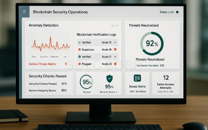 Security: A Critical Intersection Monitor showing blockchain security dashboard with anomaly detection chart, verification logs, and threats neutralized 92% indicator.