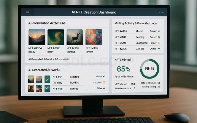 The Rise of AI-Powered NFT Creation Monitor displaying NFT creation dashboard with AI-generated artwork thumbnails, minting logs, and 65% minted progress.