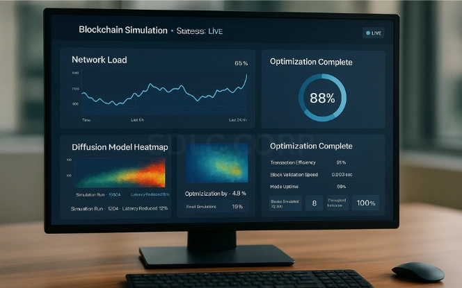Generative Diffusion Models and Blockchain Monitor showing blockchain simulation dashboard with network load graph, diffusion heatmap, and 88% optimization progress.