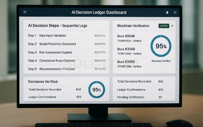 Transparent AI Decision Ledger Monitor displaying decision ledger dashboard with AI decision logs, blockchain verification timeline, and 95% verified progress.
