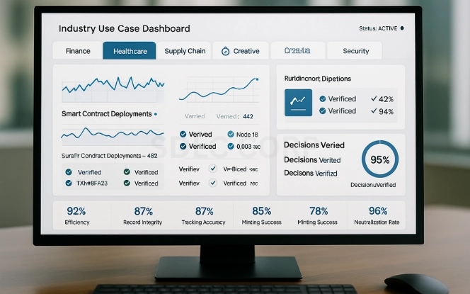 Industry Use Cases Monitor showing industry use case dashboard with tabs for finance, healthcare, supply chain, NFTs, and security, each with progress indicators.