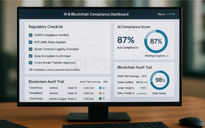 Ethical and Regulatory Considerations Monitor showing compliance dashboard with regulatory checklist, AI compliance score at 87%, and blockchain audit trail logs.