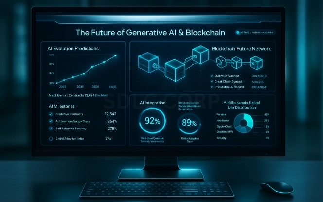 The Future of Generative AI and Blockchain Futuristic dashboard on monitor with AI evolution graphs, holographic blockchain network, and global adoption progress indicators.